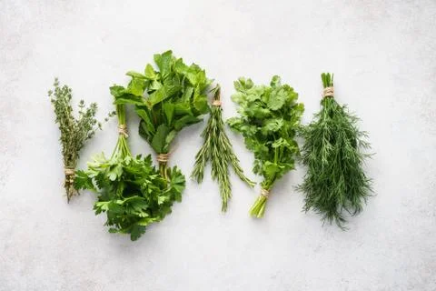 Different fresh herbs on gray background. Healthy ingredients. Stock Photos