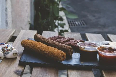Different fried meat. Different types of pork meat steak, chicken fillet and  Foto stock