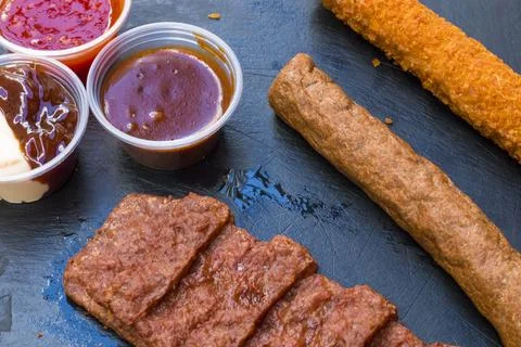 Different fried meat. Different types of pork meat steak, chicken fillet and  Foto stock