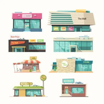 Different front view stores in set isolated Stock Illustration