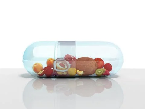 Different fruit in capsule healthy diet concept 3d render on glas glor Stock Illustration