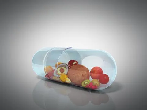 Different fruit in capsule healthy diet concept 3d render on grey Illustrazione stock