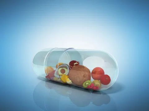 Different fruit in capsule healthy diet concept 3d render on blue Illustrazione stock