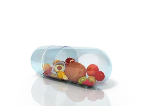 Different fruit in capsule healthy diet concept 3d render on glas glor Illustrazione stock