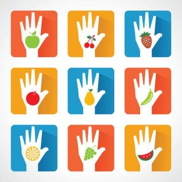 Different fruit icons and design with helping hand stock vector Stock Illustration