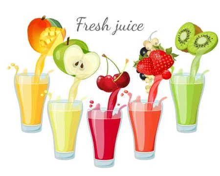 Different fruit juices in glasses with splashes. Mango, apple, strawberry Stock Illustration