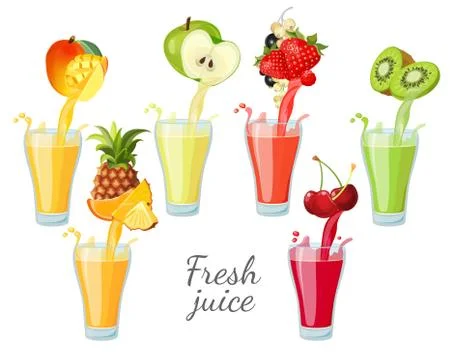 Different fruit juices in glasses with splashes. Mango, pineapple, apple Stock Illustration