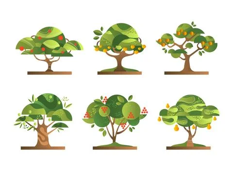 Different Fruit Trees with Green Crown and Trunk Flat Vector Set Illustrazione stock