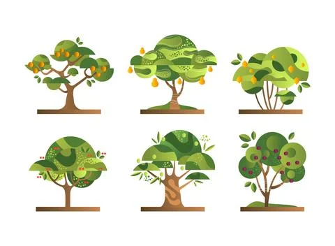 Different Fruit Trees with Green Crown and Trunk Flat Vector Set Illustrazione stock