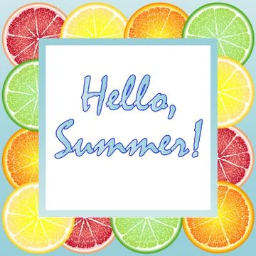 Different fruits pattern with hello summer text on the yellow background. Vector Illustrazione stock