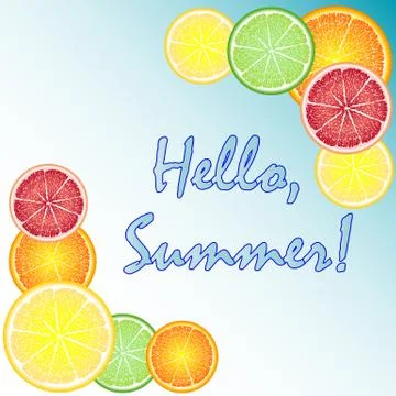 Different fruits pattern with hello summer text on the yellow background. Vec Illustrazione stock