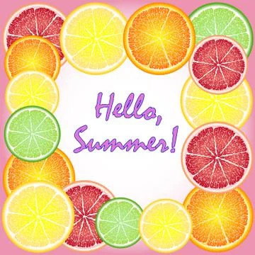 Different fruits pattern with hello summer text on the yellow background. Vec 스톡 일러스트
