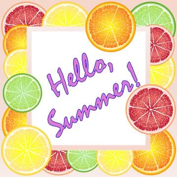 Different fruits pattern with hello summer text on the yellow background. Vec 스톡 일러스트