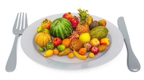 Different fruits set on plate with fork and knife, 3D rendering Stock Illustration