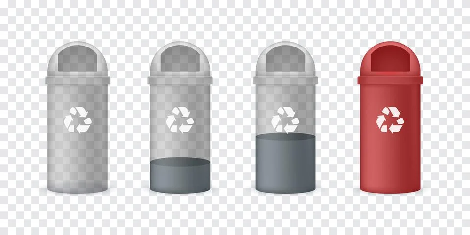 Different Fullness of Trash Bins. Red Basket with a Garbage Recycling Sign and Stock Illustration