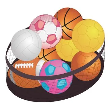 Different game balls In the big basket isolated on white Stock Illustration