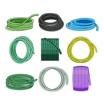 Different garden hoses coiled on white background Stock Illustration