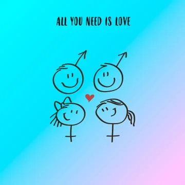 Different genders smiling faces with a red heart 스톡 일러스트