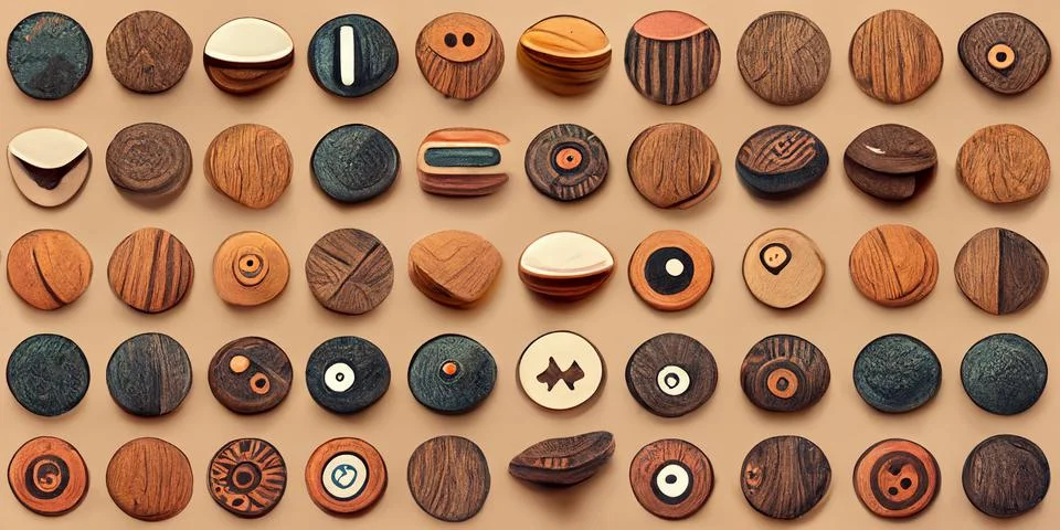 Different geometric buttons, rounded form abstract decoration brown. Stock Illustration