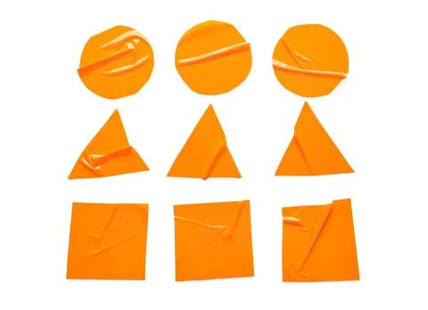 Different geometric shapes made of orange adhesive tape on white background Stock Photos