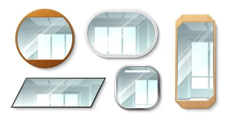 Different geometric shapes mirrors. Realistic interior objects in metal and 스톡 일러스트