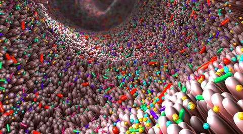 Different germs in the human intestines called microbiome - 3d illustration Ilustración de archivo