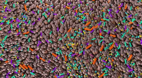 Different germs in the human intestines called microbiome - 3d illustration Stockillustratie