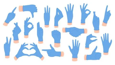 Different gestures of doctors hands in blue rubber gloves set, body language Illustration