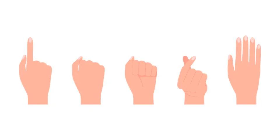 Different gestures of human hands. Finger pointing, touch, fist, love. Vector Stock Illustration