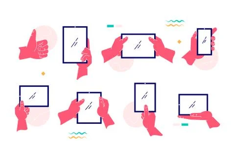 Different gestures of pink hands on gadget set Stock Illustration