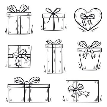 Different gift boxes with ribbon bow. Set of gifts in doodle style Stock Illustration