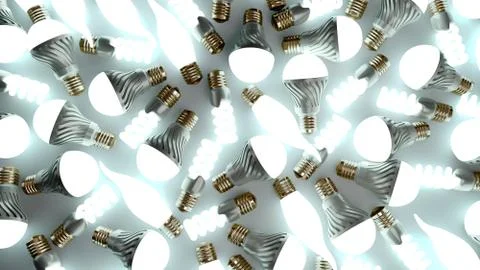 Different glowing Lighting Bulbs set 3d render on white background Stock Illustration
