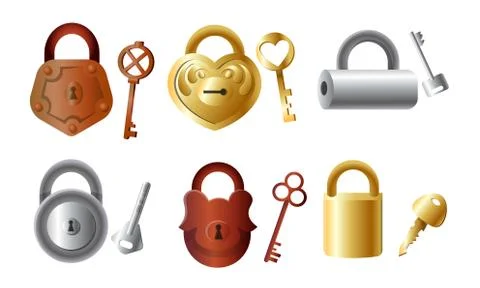 Different golden and silver locks with their keys vector illustration Stock Illustration