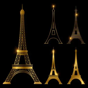 Different golden eiffel tower vector landmark set. Paris symbol icons Stock Illustration