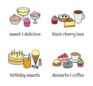 Different groups of desserts and beverages. Stock Illustration