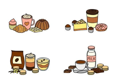 Different groups of desserts and coffee. Illustrazione stock