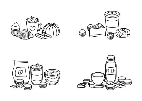 Different groups of desserts and coffee. Stock Illustration