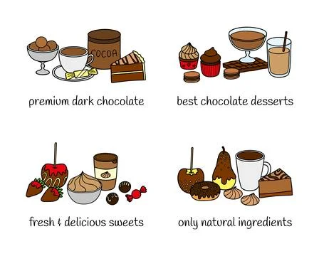 Different groups of desserts and sweets. Stock Illustration