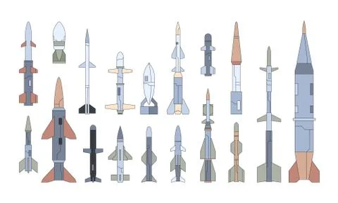 Different guided flying weapon flat illustrations set Stock-Illustration