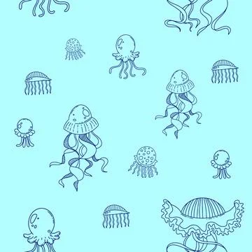 Different hand drawn jellyfishes vector seamless pattern on a blue background イラスト素材