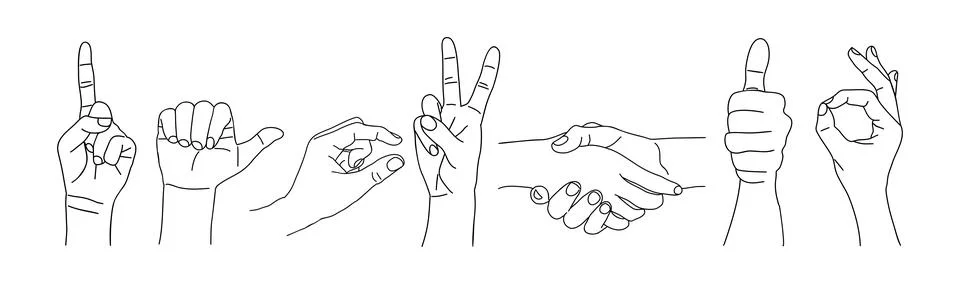 Different hand gestures set line art drawing. Stock Illustration