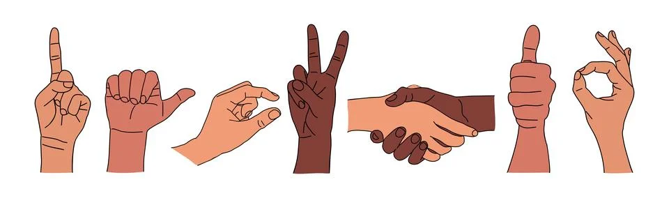 Different hand gestures vector set on white. Stock Illustration