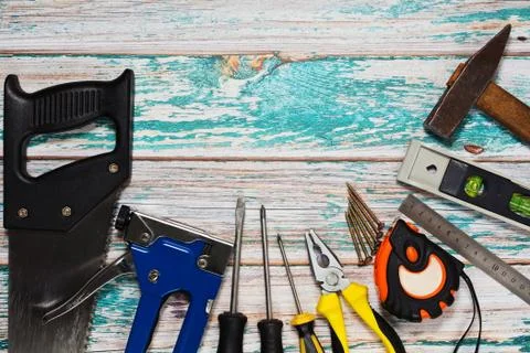 Different hand tools in top view Stock Photos