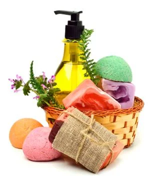 Different handmade soaps, bath bombs, gel and herbs Stock Photos