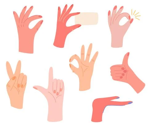 Different hands big set. Various gestures. Pointing hands, gesturing communic Stock Illustration
