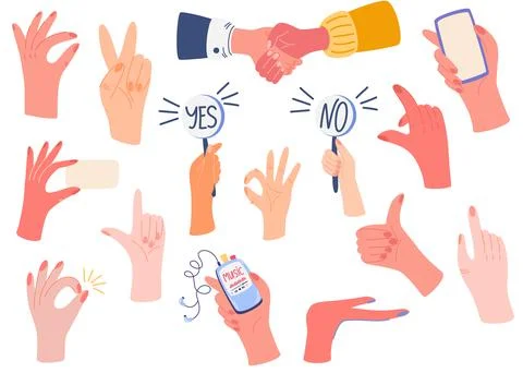Different hands big set. Various gestures. Pointing hands, gesturing communic Stock Illustration