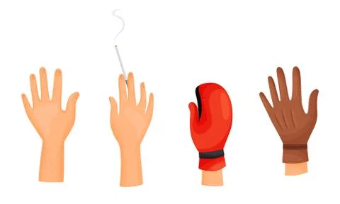 Different Hands with Cigarette and in Gloves Isolated on White Background Vector Stock Illustration