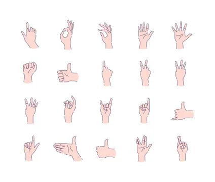 Different hands gestures of human line icons set. Pictograms for web page, mo Stock Illustration