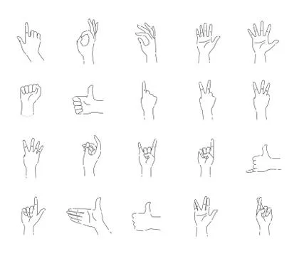 Different hands gestures of human line black icons set. Pictograms for web pa Stock Illustration
