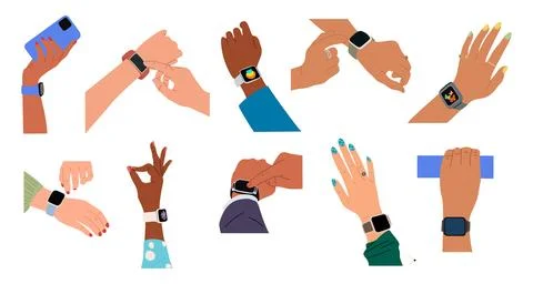 Different hands wearing smart watch on wrist. Stock Illustration